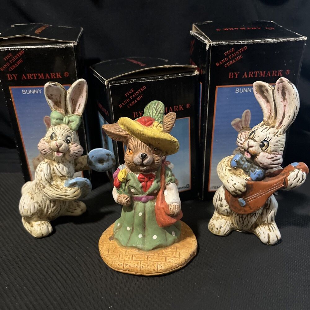 Vintage Artmark Hand Painted Ceramic Bunnies With Original Boxes Lot Of 3 RARE